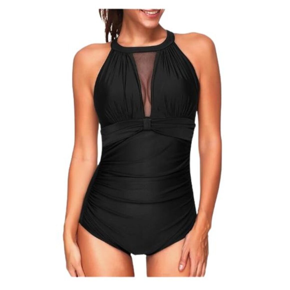 NEW Tempt Me One Piece Swimsuit High Neck Mesh Plunge Ruched Women's L